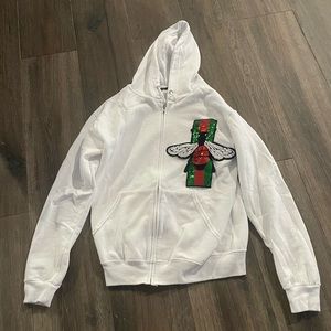 Sojara White Zip up hoodie with Green and Red stripe on sleeve